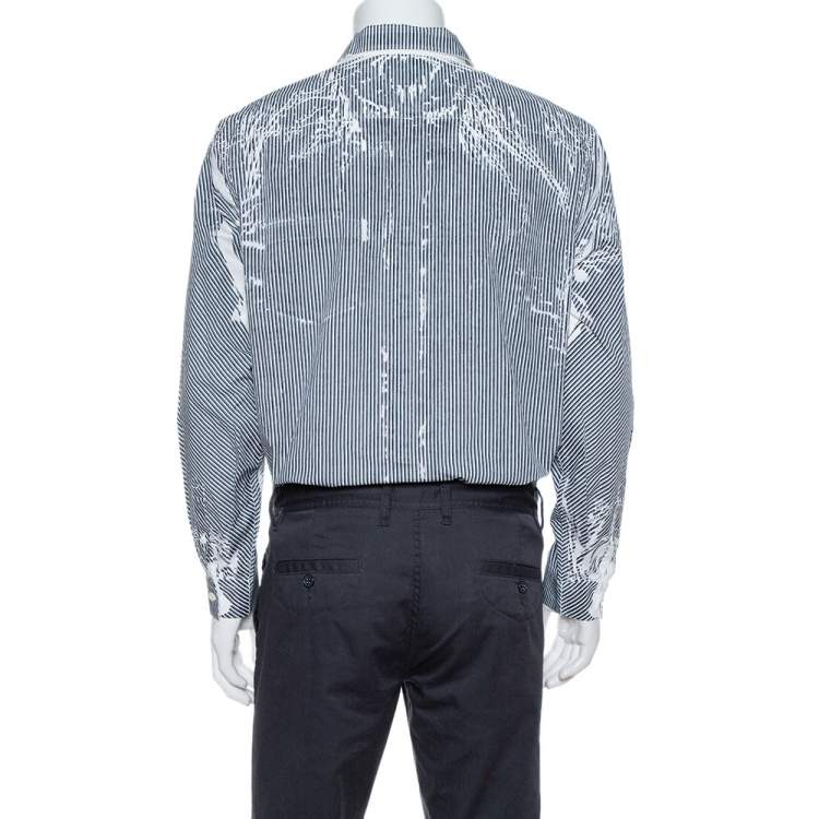 Pre Owned Prada White & Grey Stripe Print Cotton Long Sleeve Shirt XXL