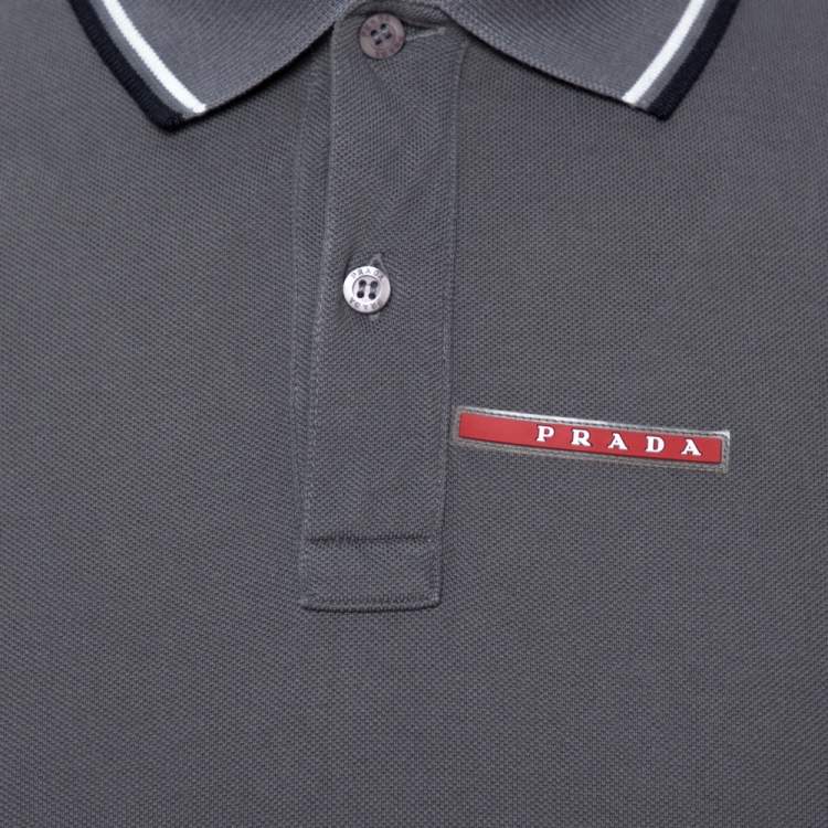Pre Owned Prada Grey Cotton Pique Stripe Detail Polo T-Shirt S