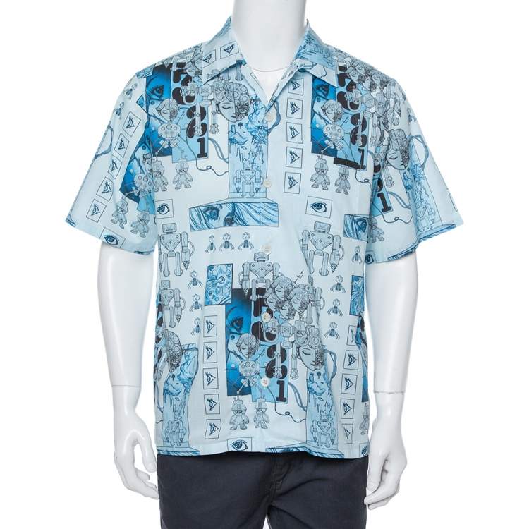 Printed Cotton Bowling Shirt in Blue - Prada