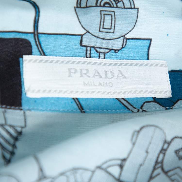 Pre Owned Prada Blue Robot Printed Cotton Bowling Shirt XL