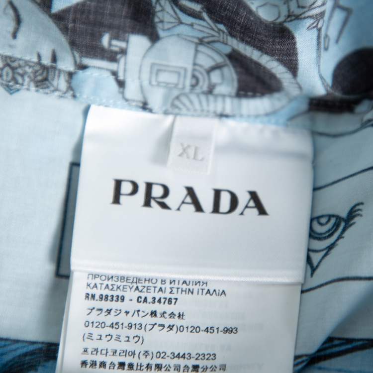 Pre Owned Prada Blue Robot Printed Cotton Bowling Shirt XL