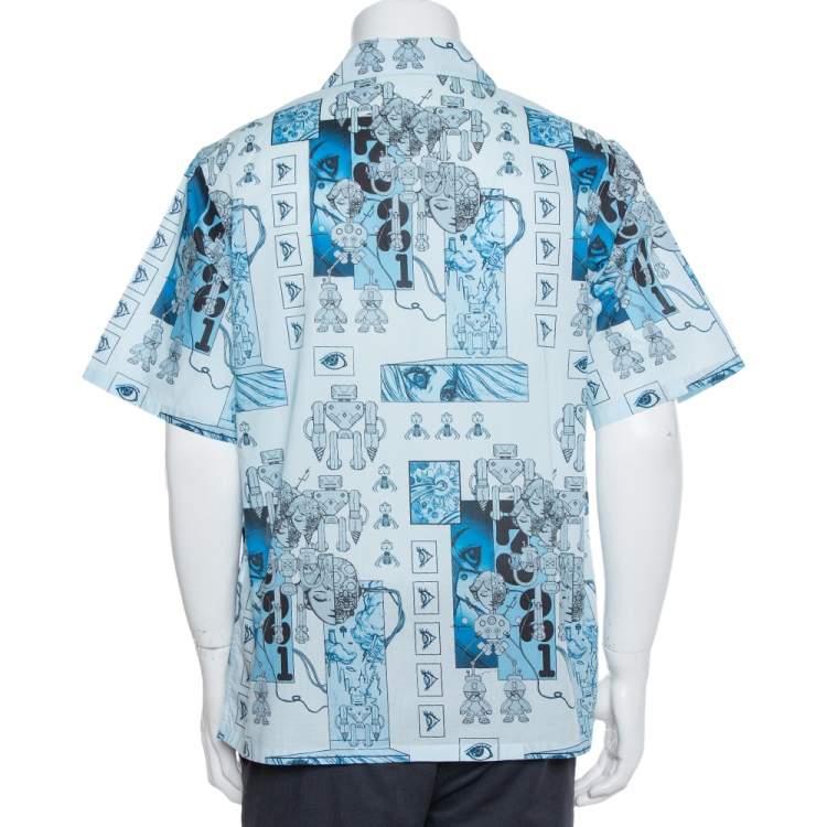 Pre Owned Prada Blue Robot Printed Cotton Bowling Shirt XL