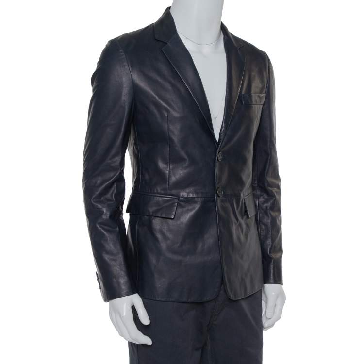 Pre Owned  Prada Navy Blue Leather Single Breasted Jacket M