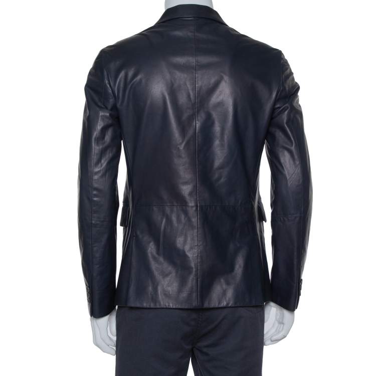 Pre Owned  Prada Navy Blue Leather Single Breasted Jacket M