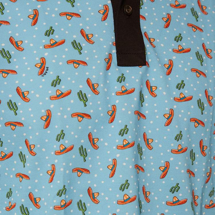 Pre Owned Prada Blue Sombrero Printed Cotton Pique Polo T-Shirt L