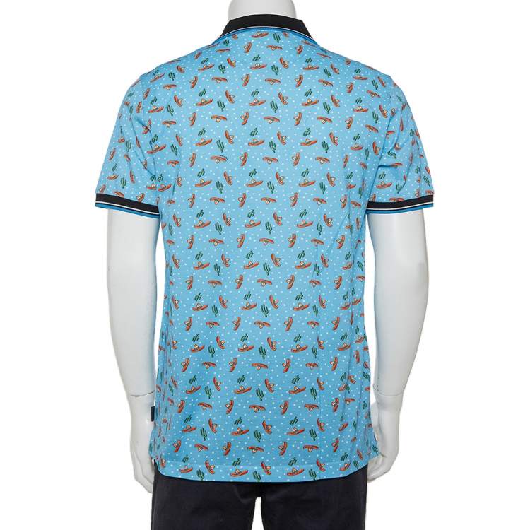 Pre Owned Prada Blue Sombrero Printed Cotton Pique Polo T-Shirt L