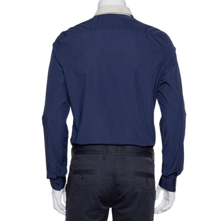 Pre Owned Prada Navy Blue Cotton Contrast Collar & Placket Detail Button Front Shirt L 