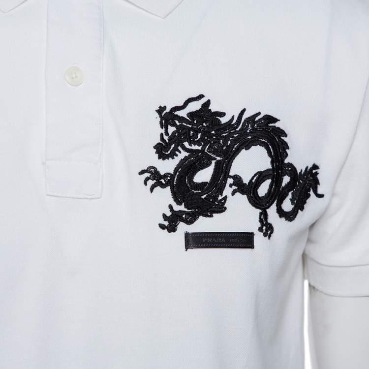 Pre Owned Prada White Cotton Pique Dragon Embroidered Polo T-Shirt XXL