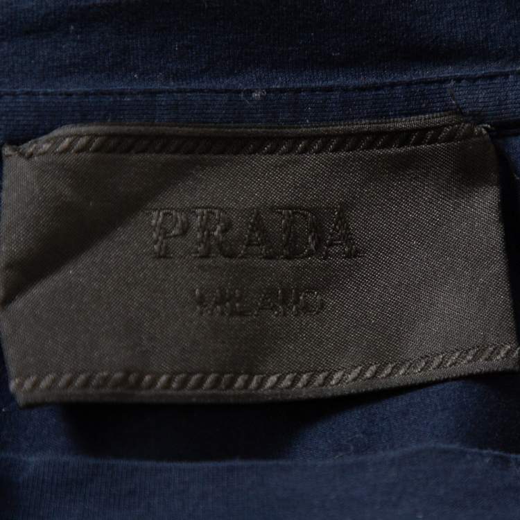 Pre Owned Prada Navy Blue Cotton Contrast Trim Zip Pocket Detail Crewneck T-Shirt L