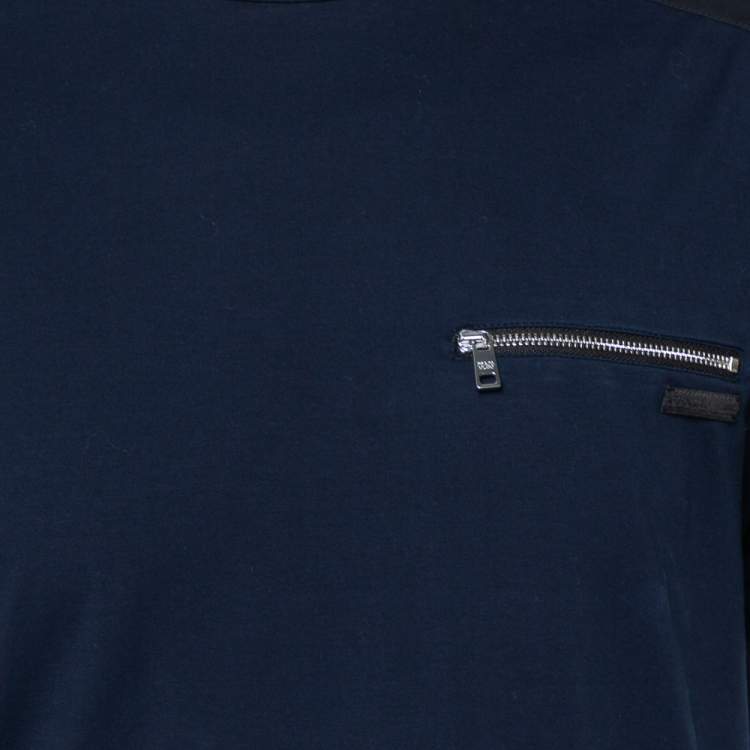 Pre Owned Prada Navy Blue Cotton Contrast Trim Zip Pocket Detail Crewneck T-Shirt L