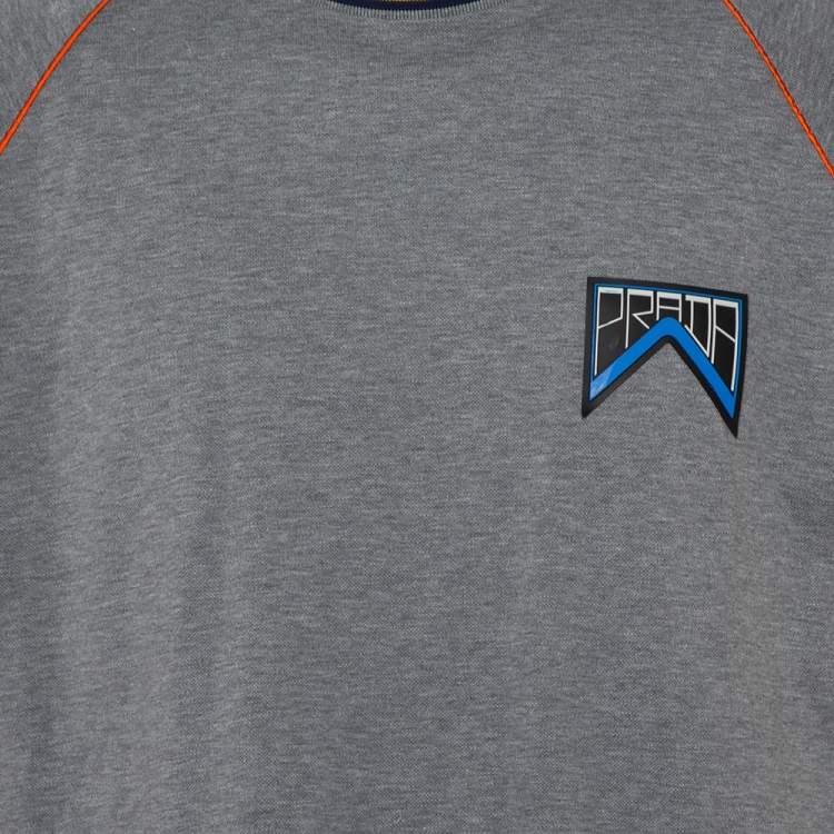 Pre Owned Prada Grey Cotton Pique Contrast Trim Logo Patch Detail Crewneck T-Shirt XXL