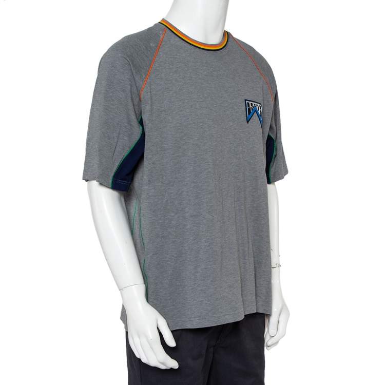 Pre Owned Prada Grey Cotton Pique Contrast Trim Logo Patch Detail Crewneck T-Shirt XXL