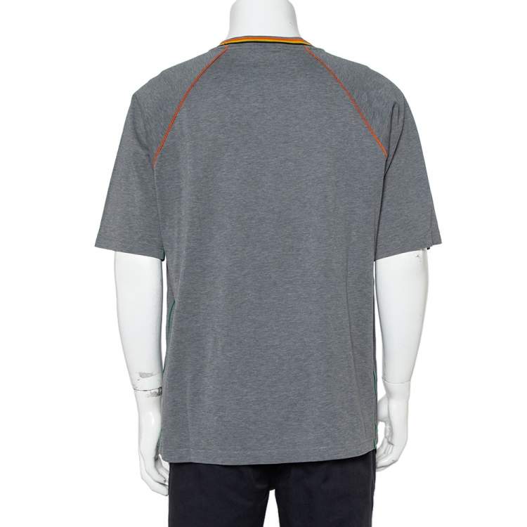 Pre Owned Prada Grey Cotton Pique Contrast Trim Logo Patch Detail Crewneck T-Shirt XXL