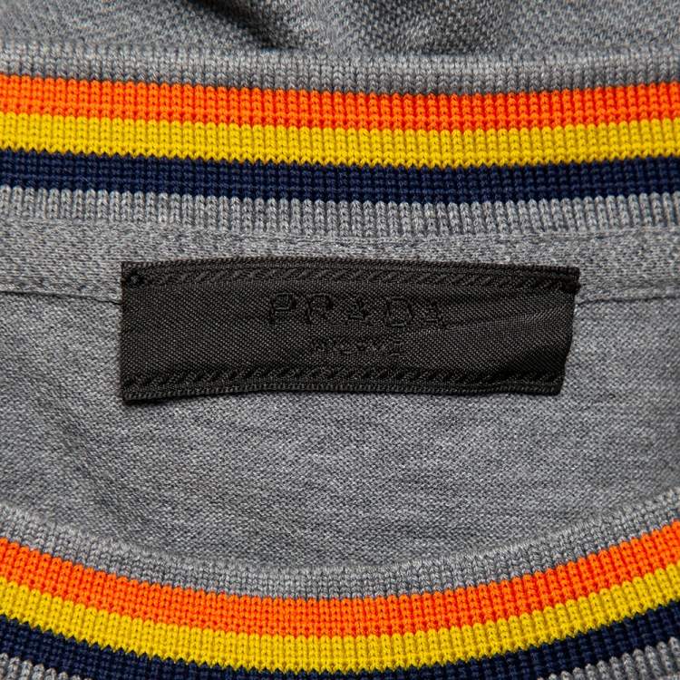 Pre Owned Prada Grey Cotton Pique Contrast Trim Logo Patch Detail Crewneck T-Shirt XXL