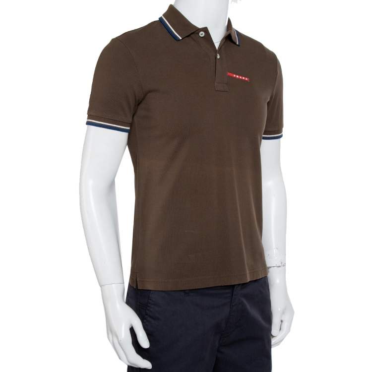 Prada Brown Cotton Pique Contrast Trim Polo T-Shirt S Prada | TLC