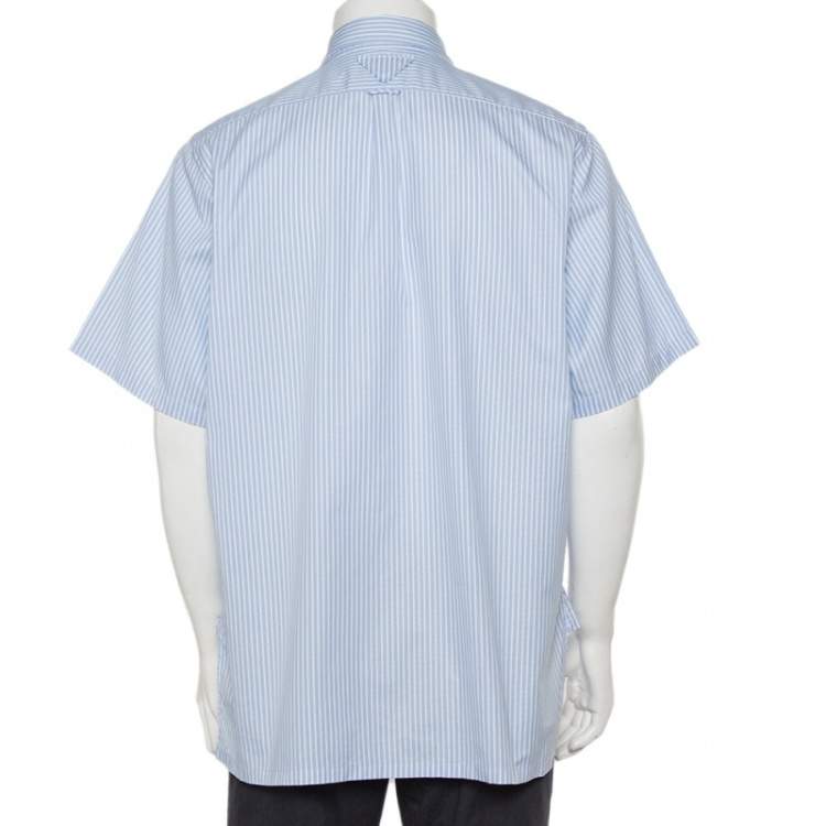Pre Owned Prada Blue Striped Cotton Logo Printed Short Sleeve Shirt XXL