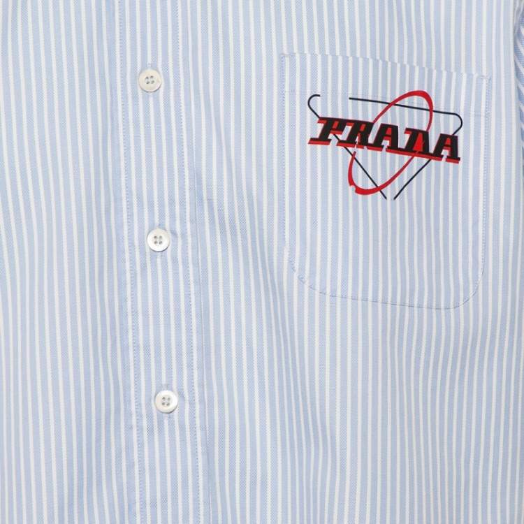 Pre Owned Prada Blue Striped Cotton Logo Printed Short Sleeve Shirt XXL