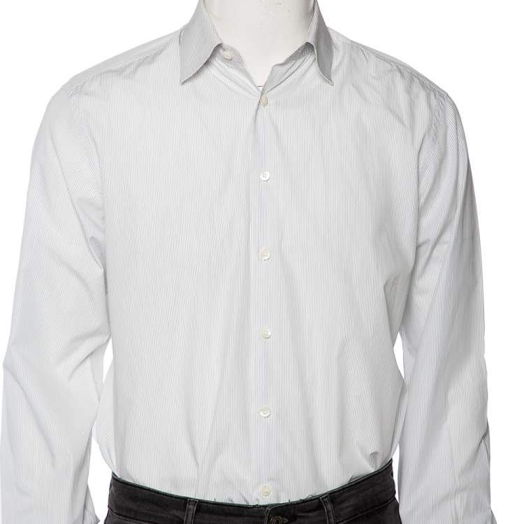 Pre Owned Prada White Striped Cotton Checkered Collar Detail Button Front Shirt M