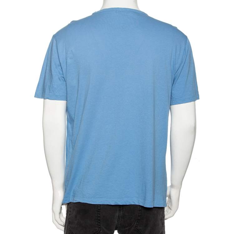 Pre Owned Prada Blue Cotton Embroidered Logo Detail V-Neck T-Shirt XXXL 