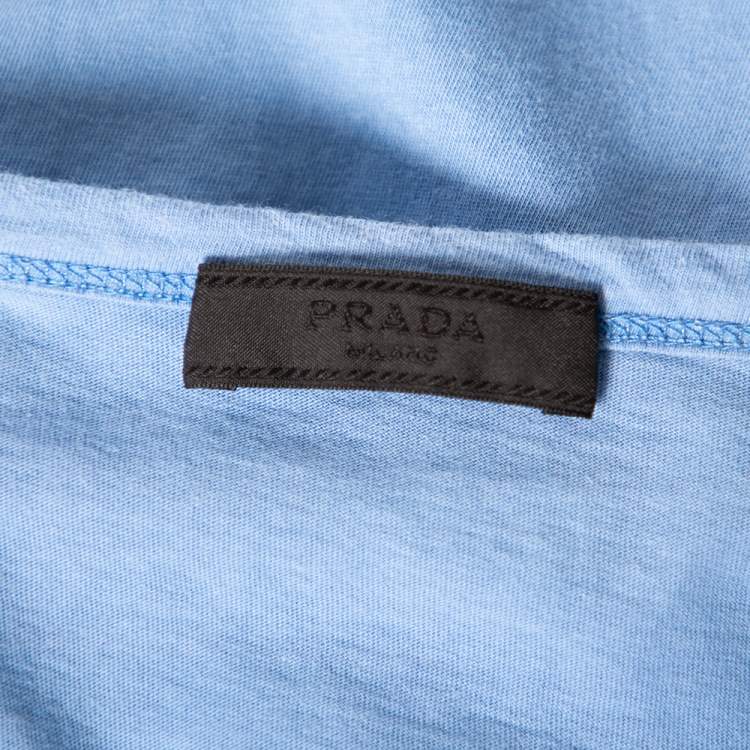 Pre Owned Prada Blue Cotton Embroidered Logo Detail V-Neck T-Shirt XXXL 