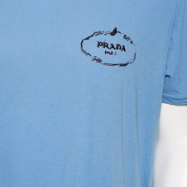 Pre Owned Prada Blue Cotton Embroidered Logo Detail V-Neck T-Shirt XXXL 