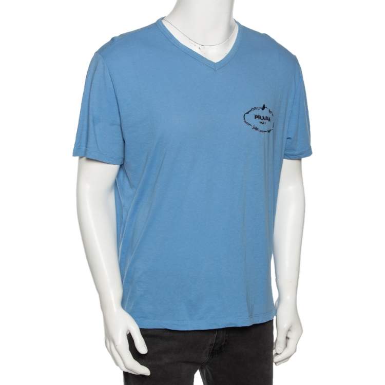 Pre Owned Prada Blue Cotton Embroidered Logo Detail V-Neck T-Shirt XXXL 