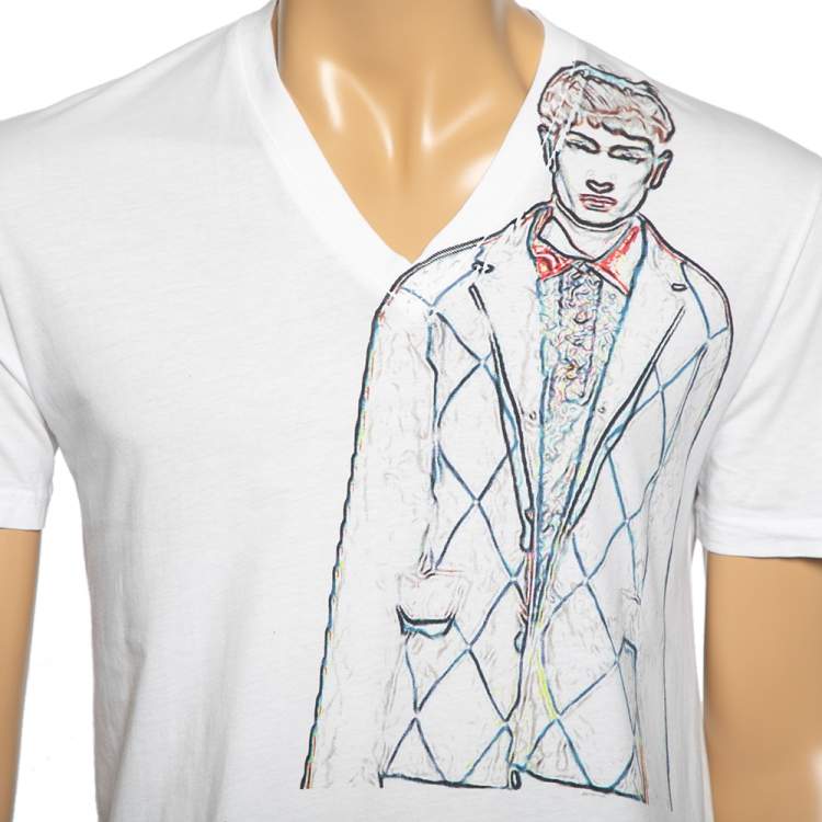 Pre Owned Prada White Man Sketch Print V-Neck Short Sleeve T-Shirt M