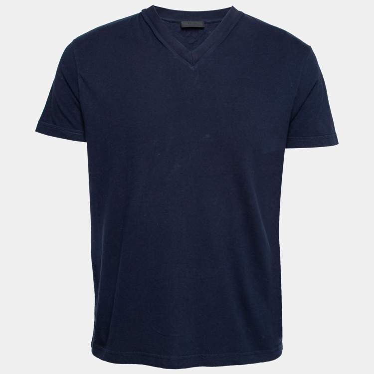 مملوكة مسبقًا Prada Navy Blue Cotton Short Sleeve V-Neck T-Shirt XL