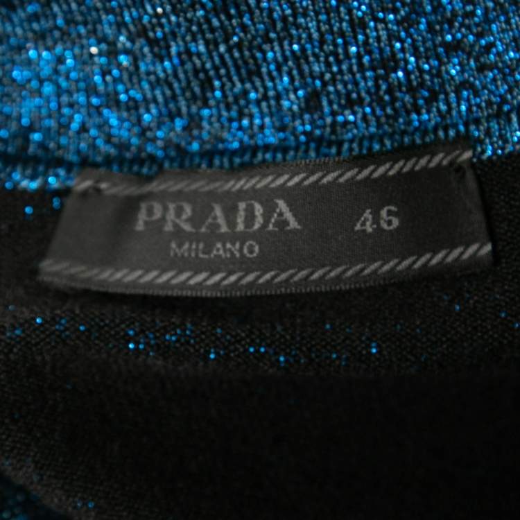 Pre Owned Prada Metallic Blue Lurex Knit Short Sleeve Sweater L