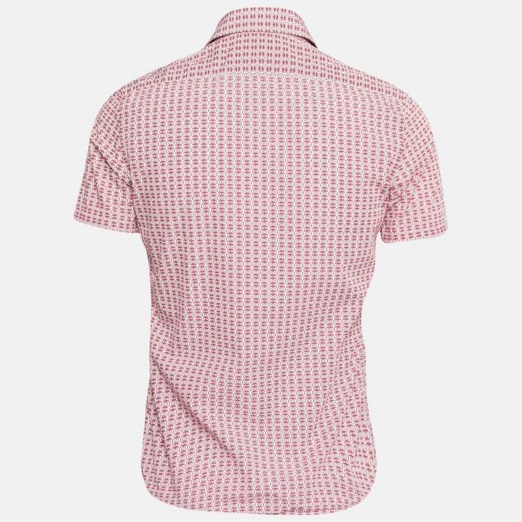 Pre Owned Prada Red Printed Cotton Button Front Short Sleeve Shirt S