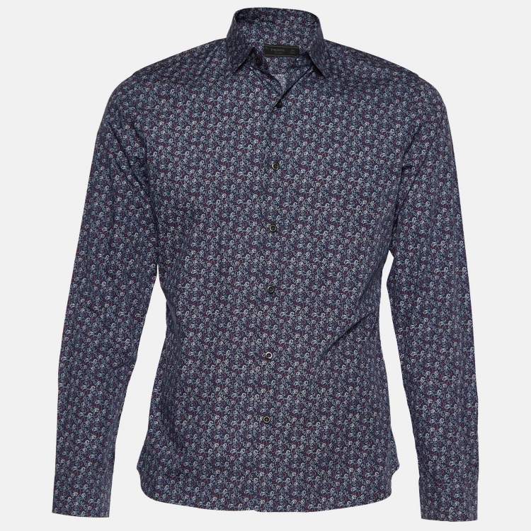 Pre Owned Prada Navy Blue Lion Print Cotton Button Front Shirt M