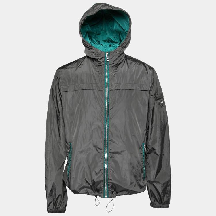 Pre Owned Prada Grey Synthetic Drawstring Detail Hooded Zip Front Jacket XXL