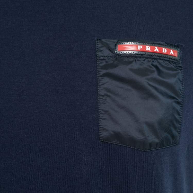Pre Owned Prada Navy Blue Cotton Rubber Logo Nylon Pocket-Detail T-Shirt M