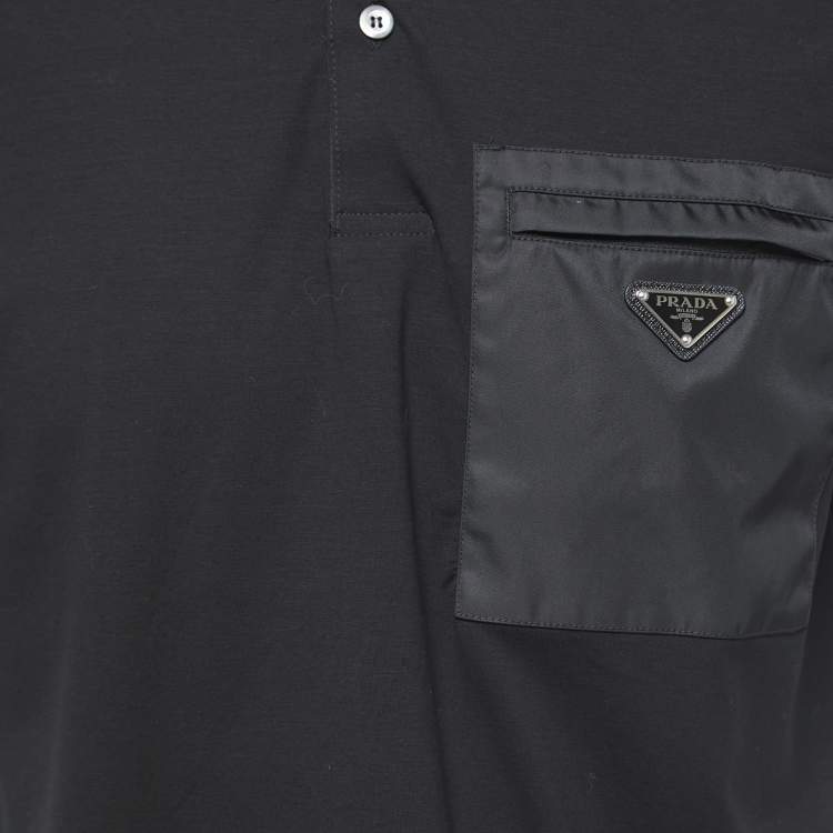 Pre Owned Prada Black Stretch Cotton Nylon Detail Pocket Polo T-Shirt L