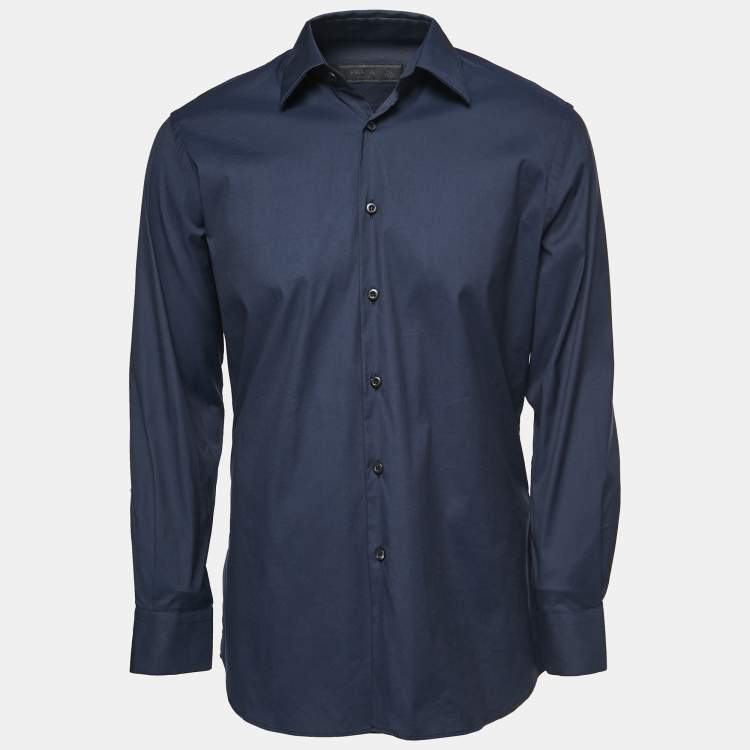 Pre Owned Prada Navy Blue Stretch Cotton Button Front Shirt L