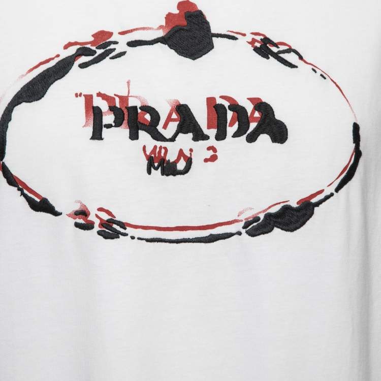 Pre Owned Prada White Cotton Logo Printed & Embroidered Crew Neck T-Shirt XL
