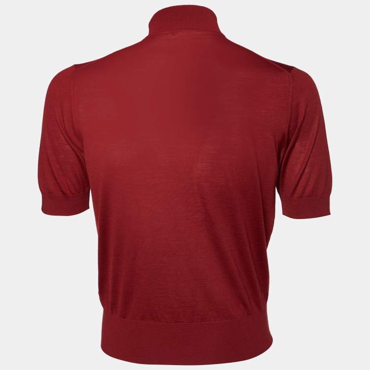 Pre Owned Prada Burgundy Wool Knit Mock Neck Short Sleeve Sweater S