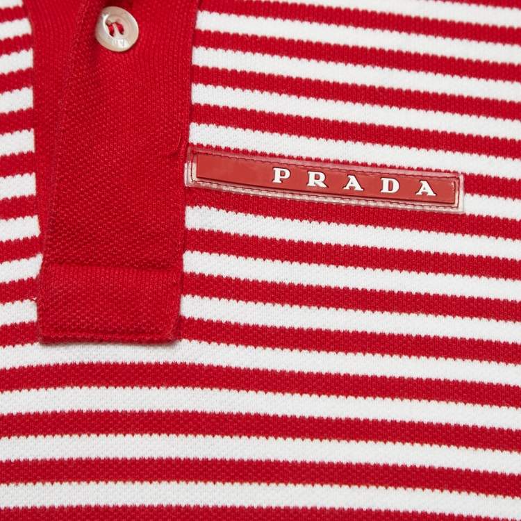 Pre Owned Prada Red Striped Cotton Pique Polo T-Shirt M