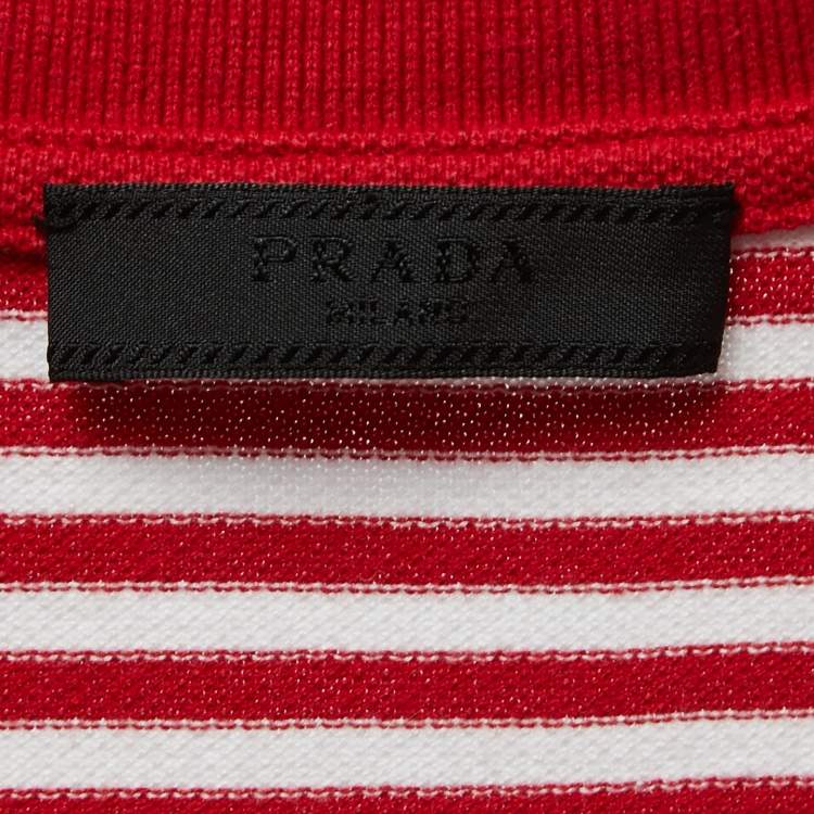 Pre Owned Prada Red Striped Cotton Pique Polo T-Shirt M