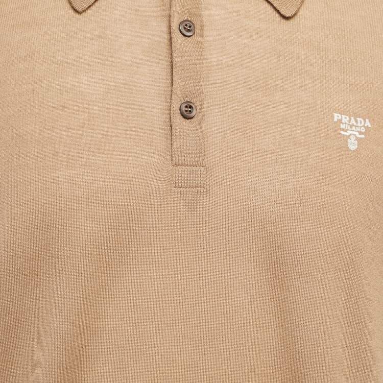 Pre Owned Prada Camel Brown Cashmere Logo Embroidered Polo T-Shirt XXL