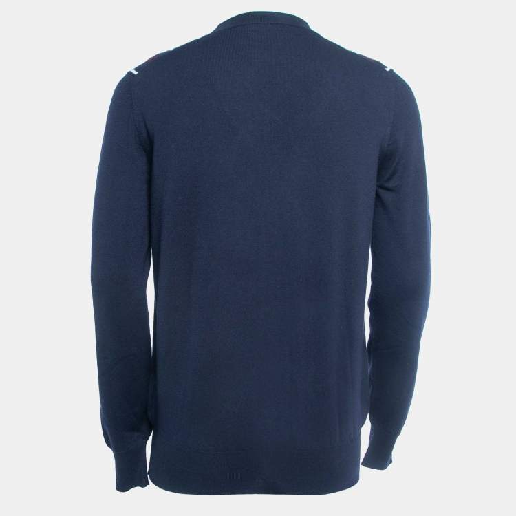 Pre Owned Prada Navy Blue Patterned Wool Crew Neck Pullover XXL