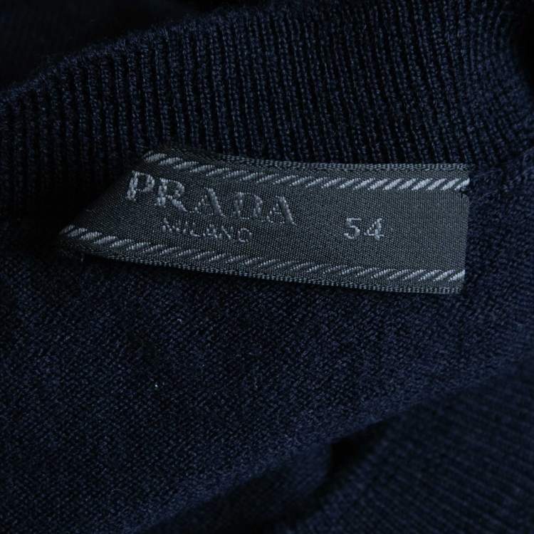 Pre Owned Prada Navy Blue Patterned Wool Crew Neck Pullover XXL