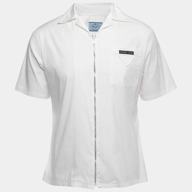Pre Owned Prada White Stretch Cotton Zip-Up Short Sleeve Shirt L