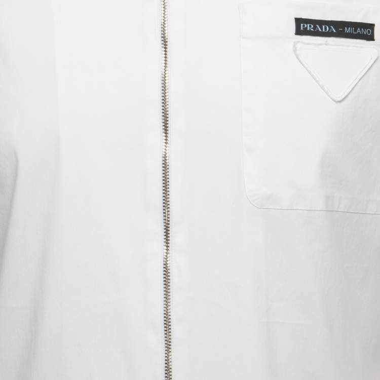 Pre Owned Prada White Stretch Cotton Zip-Up Short Sleeve Shirt L
