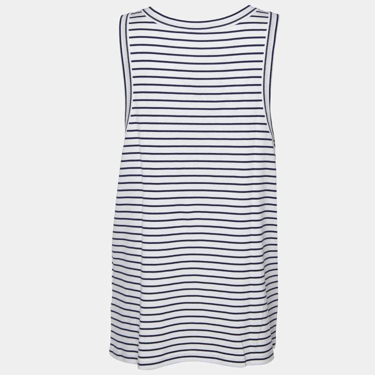 Pre Owned Prada White/Blue Striped Cotton Logo Detail Sleeveless T-Shirt XL