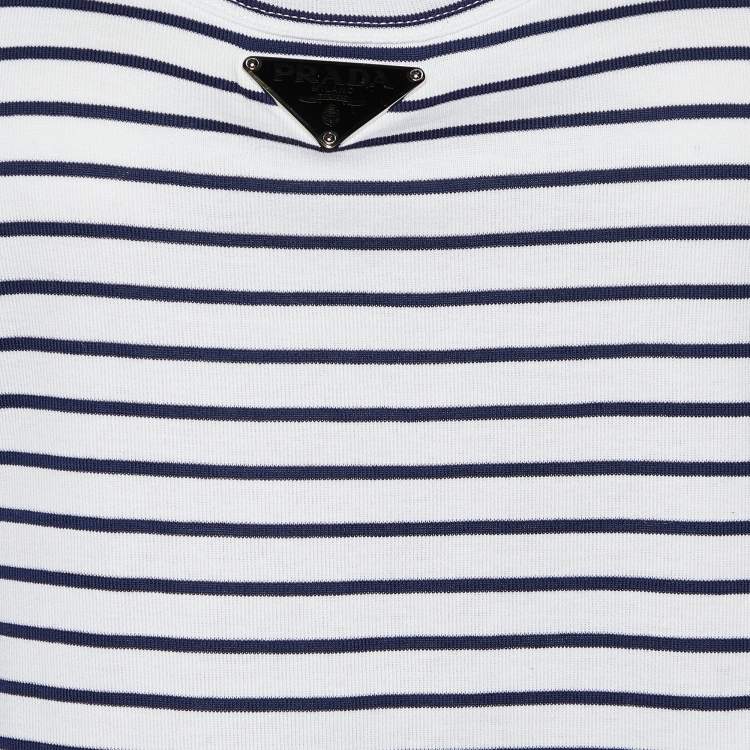 Pre Owned Prada White/Blue Striped Cotton Logo Detail Sleeveless T-Shirt XL