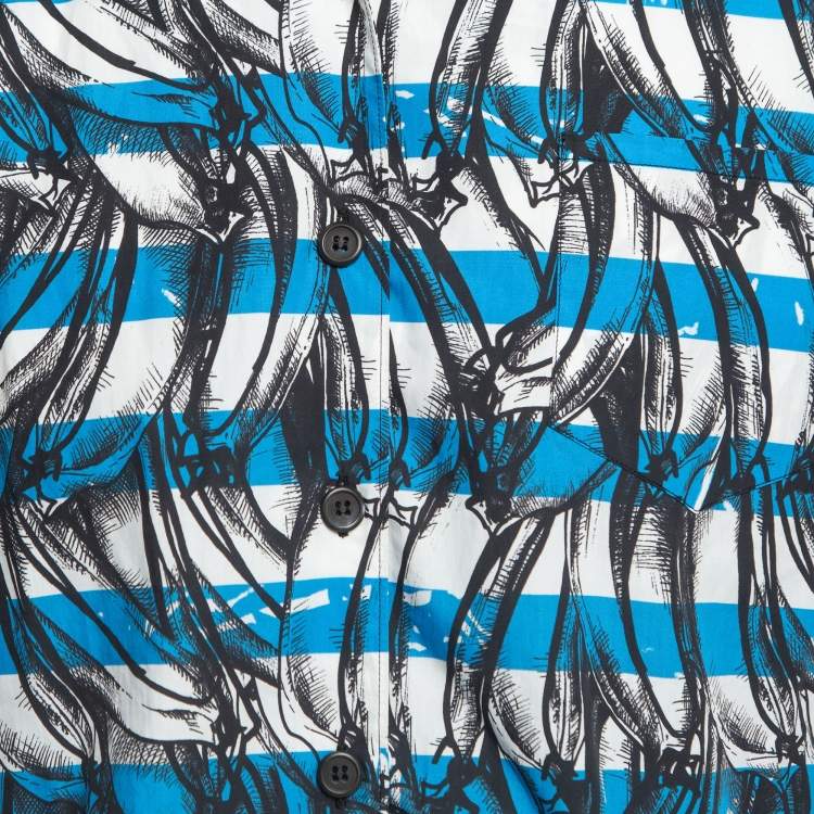 مملوكة مسبقًا Prada Blue All-Over Print Cotton Buttoned Half Sleeve Shirt M