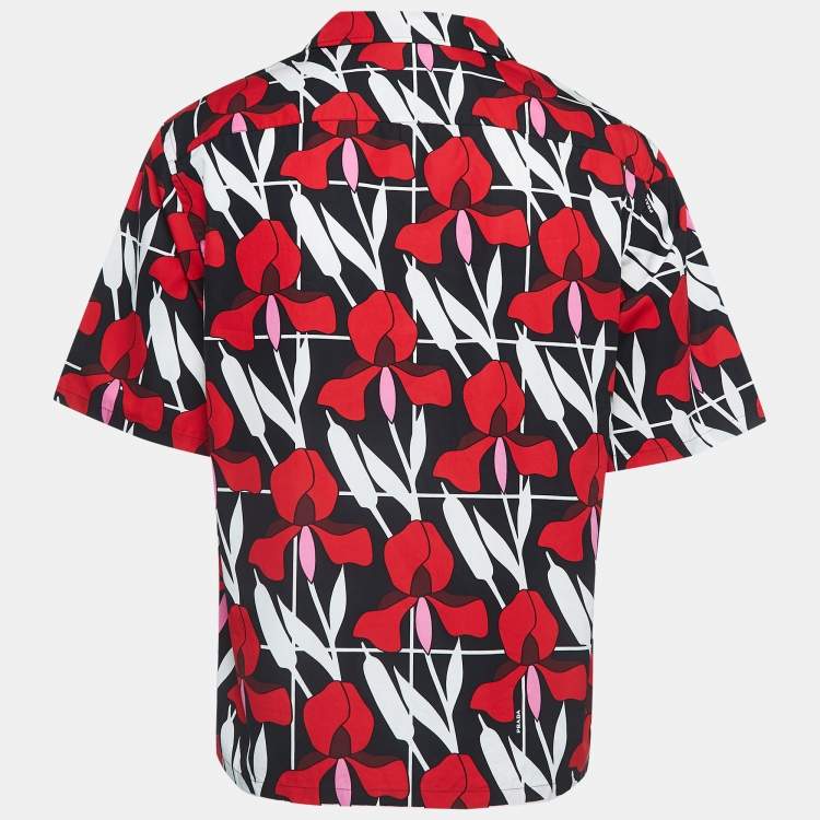 Prada Red Black Floral Print Cotton Short Sleeve Shirt L Prada TLC