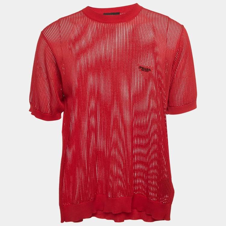 Pre Owned Prada Red Mesh Knit T-Shirt S