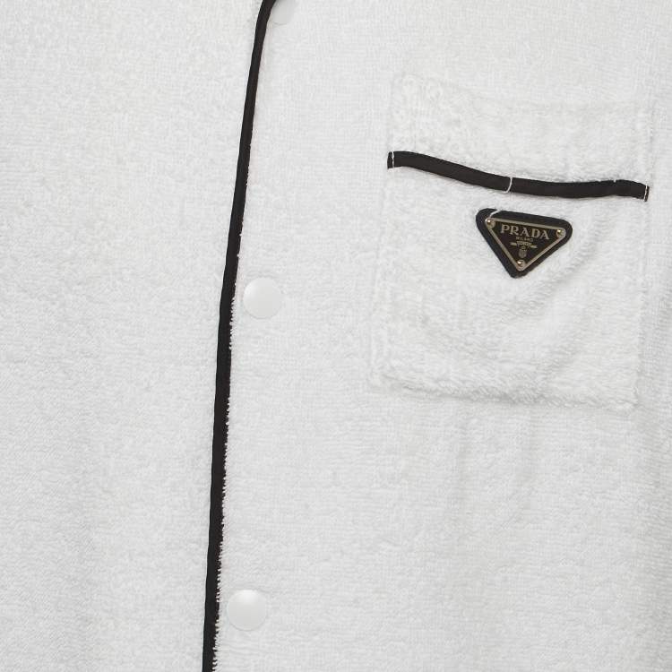 Pre Owned Prada White Terry Cotton Logo Detail Bowling Shirt L